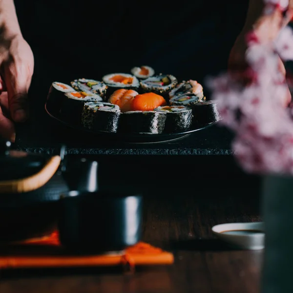 Sushi served on wooden table — Stock Photo, Image