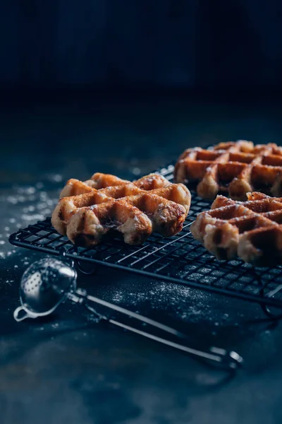 Waffles in grid with icing sugar — Stock Photo, Image