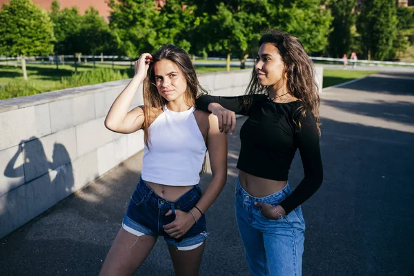 Trendy confident girls on street — Stock Photo, Image