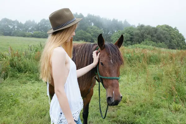 女孩与帽子抚摸棕色马 — 图库照片