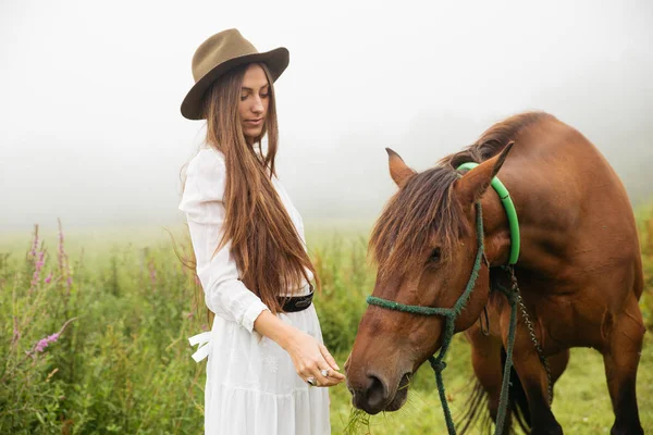 Brunette Wearing White Dress Standing Brown Horse Green Field — Stock Photo, Image