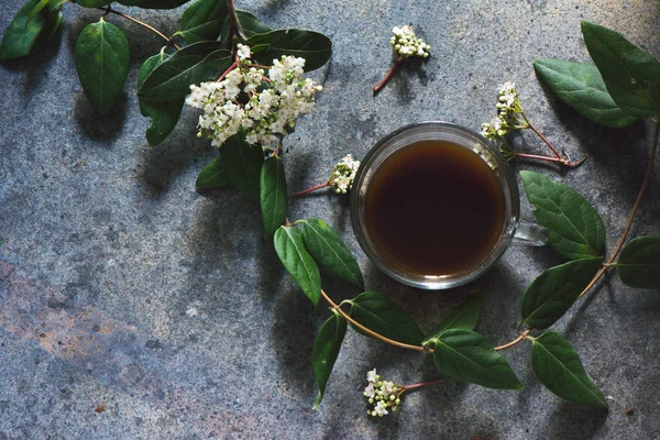 Tazza di caffè con foglie e fiori — Foto Stock