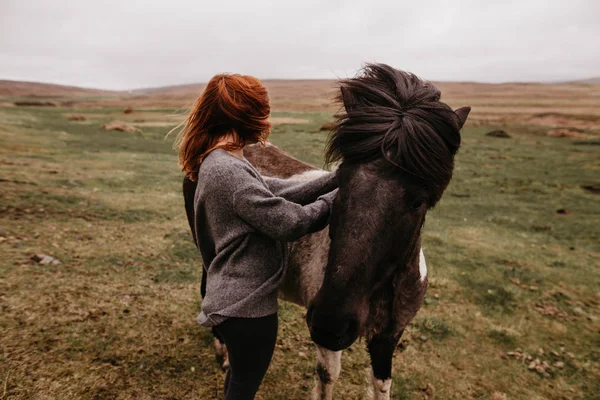 女人抚摸马在草地上 — 图库照片
