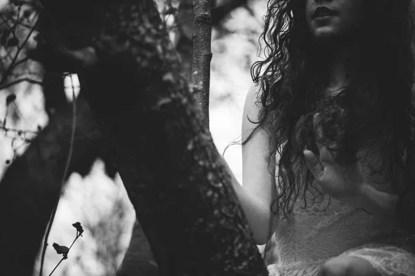 Crop Girl White Dress Sitting Branches — Stock Photo, Image