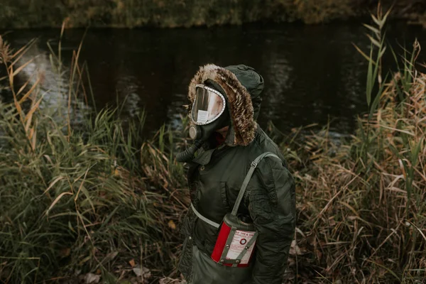 High Angle View Man Wearing Coat Hood Gas Mask Standing — Stock Photo, Image