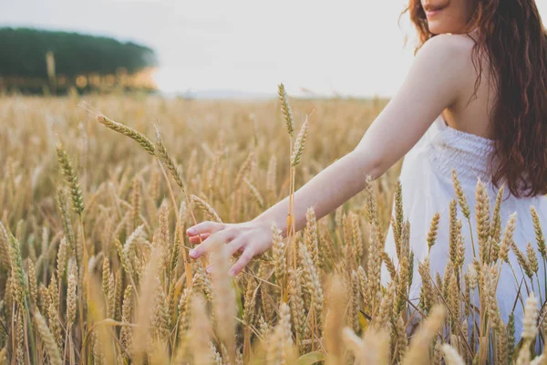 Cropped Image Red Haired Girl Walking Rye Field Palming Spikelets — Stock Photo, Image