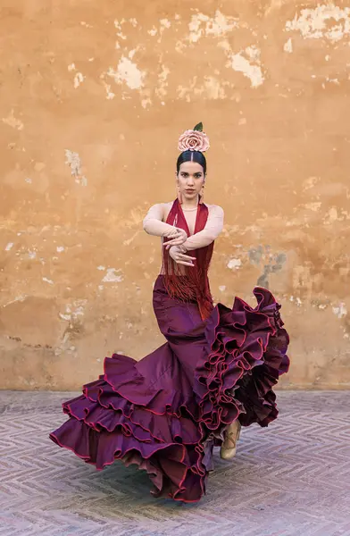 Veduta Frontale Del Ballerino Flamenco Posa Costume Tipico Sopra Muro — Foto Stock