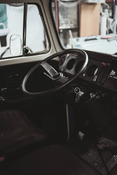 Black Steering Wheel Interior Retro Van Good Condition — Stock Photo, Image