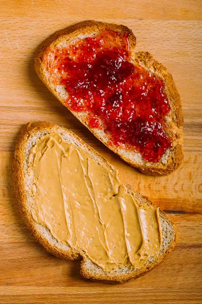 Directly View Peanut Butter Jelly Sandwiches Table — Stock Photo, Image