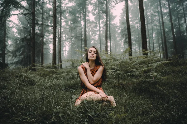 Brünette Kleid Sitzt Auf Rasen Gruseligen Wäldern — Stockfoto