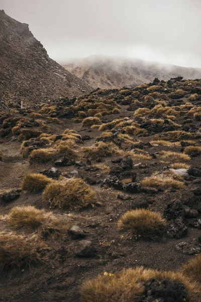 Βραχώδες Έδαφος Συννεφιασμένο Ουρανό Στο Tongariro Της Νέας Ζηλανδίας — Φωτογραφία Αρχείου