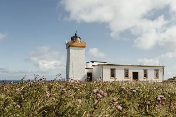 Van Onderen Van Witte Vuurtoren Met Gebouwen Omgeven Door Veld — Stockfoto