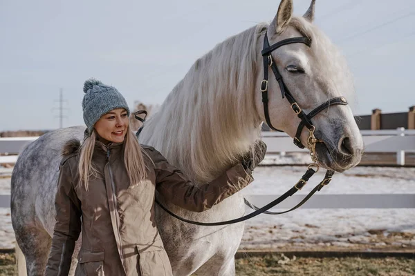 Warm Dressed Woman Gray Horse — Stock Photo, Image