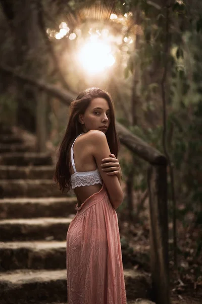 Side View Gentle Woman Pink Dress White Lace Bra Standing — Stock Photo, Image