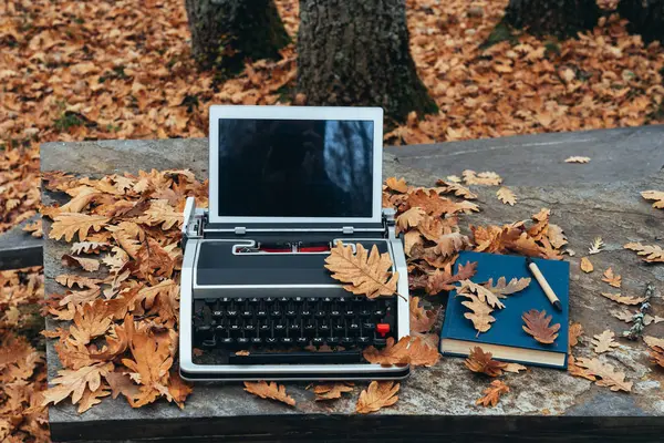 Vintage Old Typewriter Tablet Autumn Leaves Blue Notebook Pen Stone — Stock Photo, Image