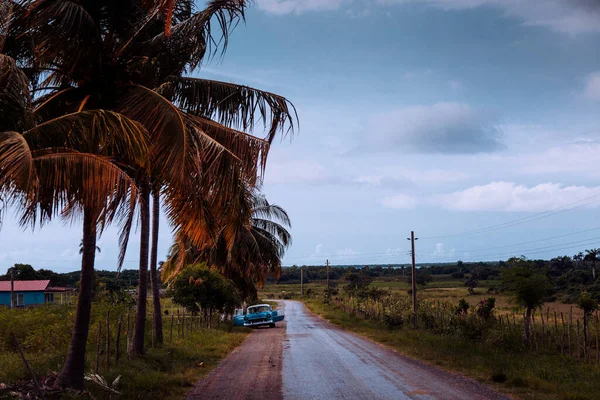 Estrecha Carretera Asfaltada Cubierta Hojas Secas Con Coche Viejo Aparcado — Foto de Stock