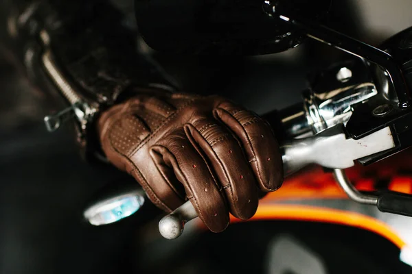 Elegant Man Sitting His Pretty Motorcycle Garage — Stock Photo, Image