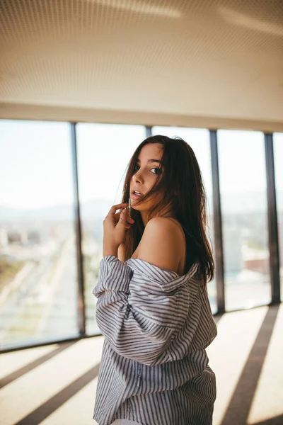 Back View Dreamy Sensual Beautiful Woman Striped Shirt Showing Naked — Stock Photo, Image