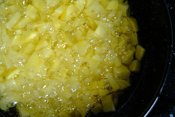 Top View Slices Yellow Raw Potatoes Big Metal Pan Boiling — Stock Photo, Image