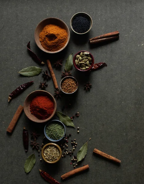 Top View Composition Different Kinds Natural Aromatic Spices Placed Dark — Stock Photo, Image