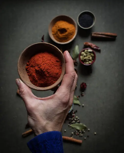 Top View Crop Unrecognizable Person Holding Pot Red Paprika Powder — Stock Photo, Image