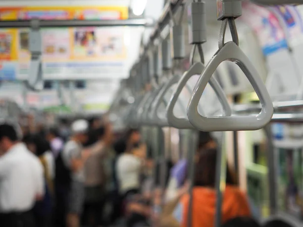 Handles Standing Passengers Blurred Contemporary Subway Train Commuters Japan — Stock Photo, Image