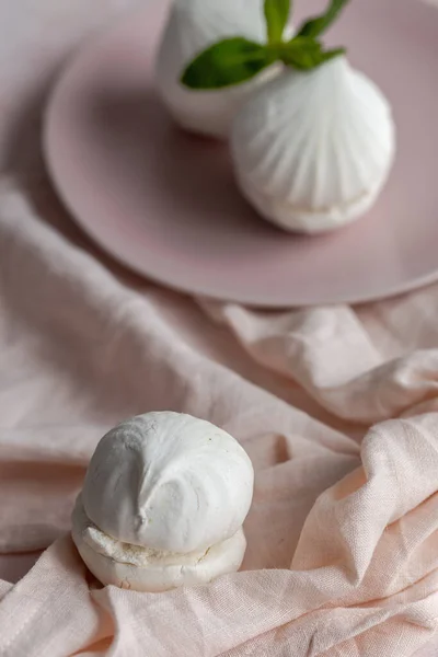 Homemade White Zefir Traditional Russian Dessert Mint Pink Background — Stock Photo, Image