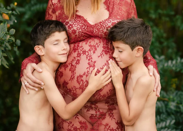 Zwangere Vrouw Knuffelen Tweeling Jongens Tuin — Stockfoto