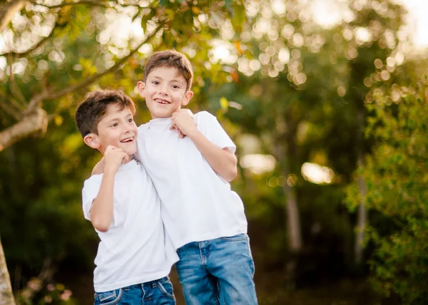 Happy Twin Boys Hugging Looking Camera Park — Stock Photo, Image