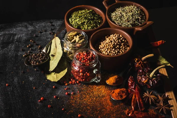 Composition Different Kinds Natural Aromatic Spices Placed Slate Surface Background — Stock Photo, Image