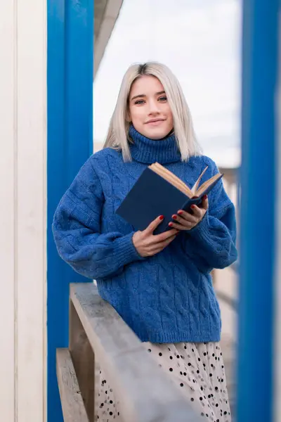 Thoughtful Young Female Warm Sweater Skirt Smiling Looking Camera While — Stock Photo, Image