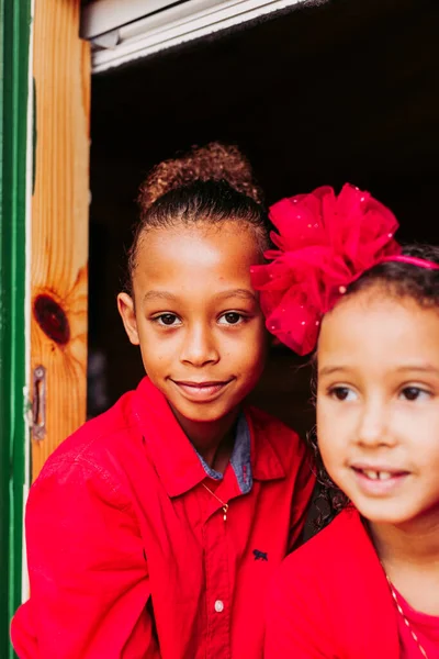 Aranyos Fekete Kistestvérek Mosolyognak Kamerát Nézik Faház Nyitott Ablakán Keresztül — Stock Fotó