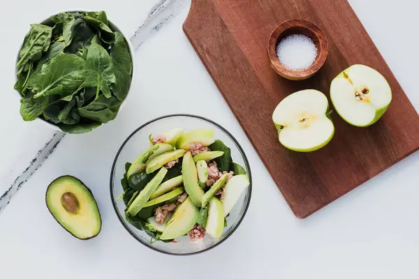 Top View Bowl Delicious Salad Tuna Apple Avocado Composed Board — Stock Photo, Image