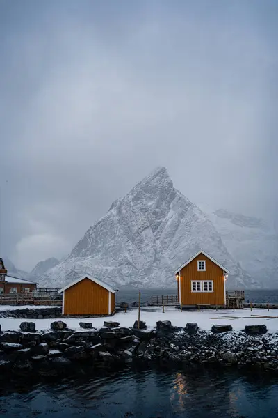 Boğaz Kıyısındaki Karlı Turuncu Kır Evleri Lofoten Soğuk Bulutlu Havalarda — Stok fotoğraf