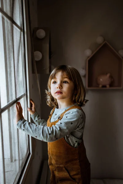 Очаровательная Маленькая Девочка Повседневной Одежде Смотрит Окно Время Отдыха Уютной — стоковое фото
