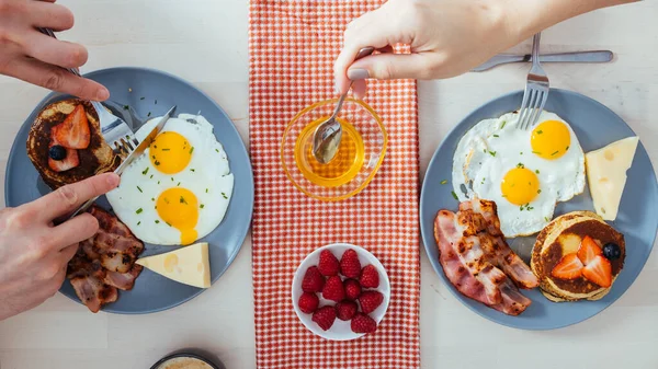 Anonymous Crop Hands Holding Honey Bowl Table Breakfast — Stock Photo, Image