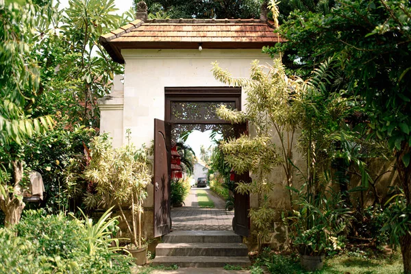 Kőlépcső Vezet Bejárat Ház Körül Egzotikus Növények Napsütéses Napon Balin — Stock Fotó