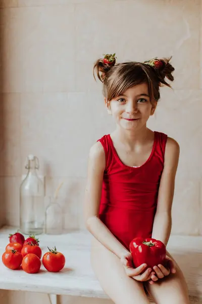 Cute Barefoot Girl Red Bodysuit Strawberries Her Hair Holding Red — Stock Photo, Image