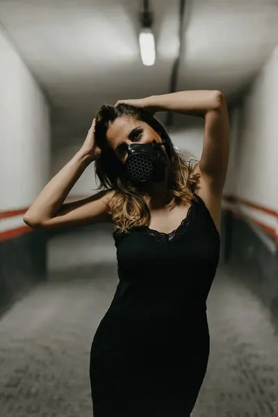 Cheerful Young Female Elegant Black Dress Black Respirator Mask Looking — Stock Photo, Image