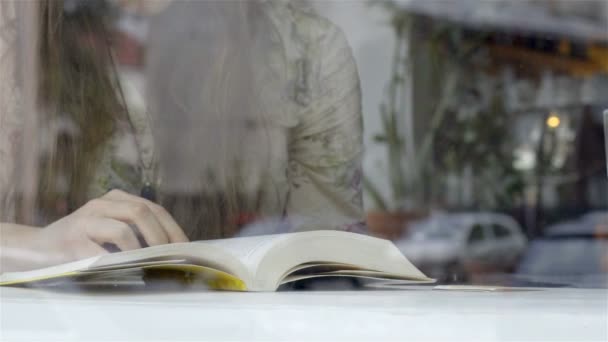 Κορίτσι που διαβάζει ένα βιβλίο στο καφέ — Αρχείο Βίντεο