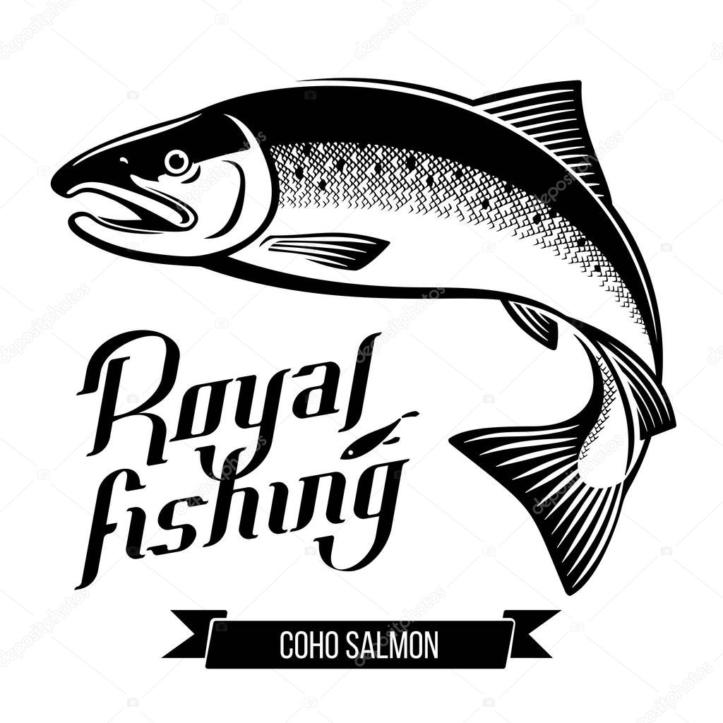 Coho Salmon fish. Black and white outline vector illustration