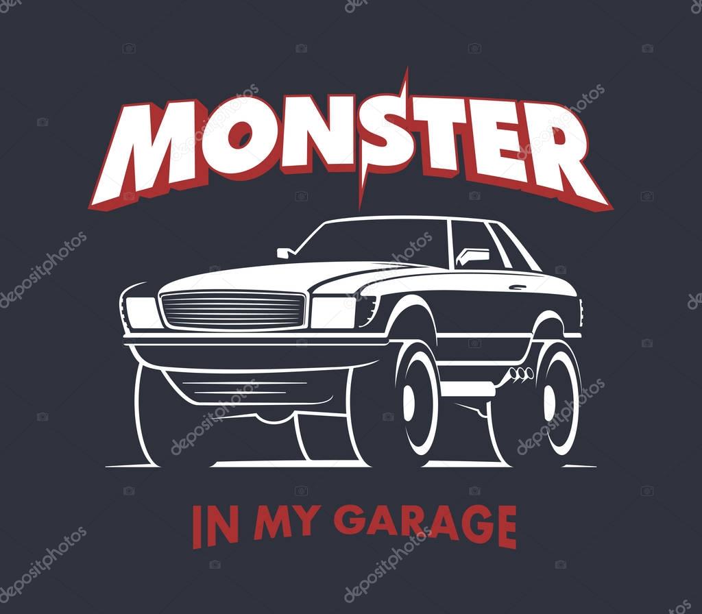 Custom Monster Truck Coupe vector illustration. Off Road Car sign