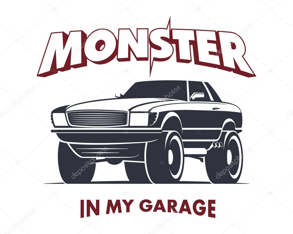 Custom Monster Truck Coupe vector illustration. Off Road Car sign
