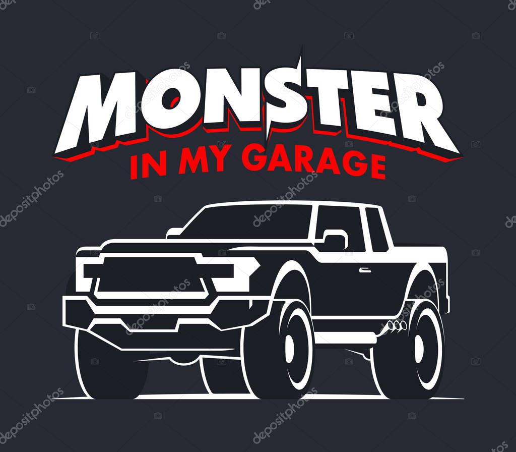 Monster truck garage logo. Modern off-road pickup vector illustration