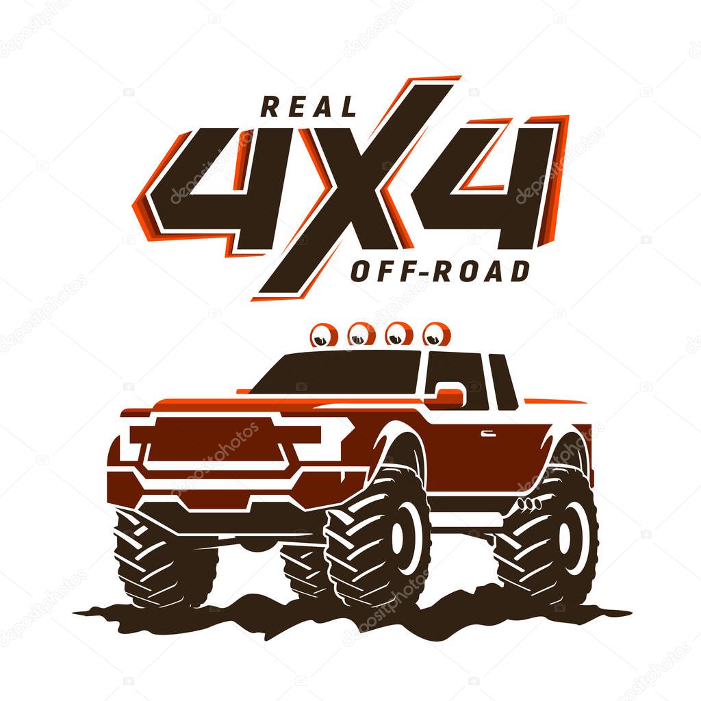 Off-road monster truck pickup. 4x4 logo. Suv sign on white. Vector illustration