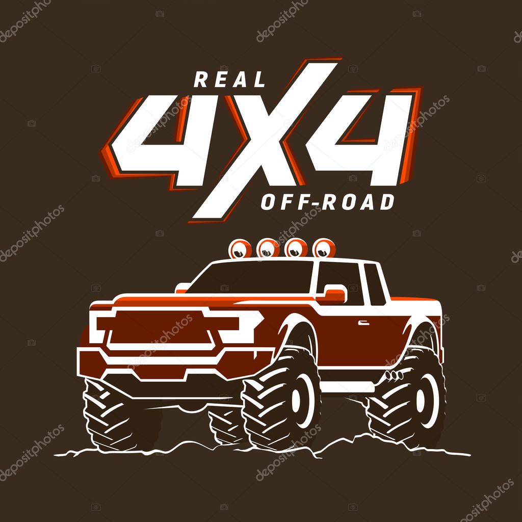 Off-road monster truck pickup. 4x4 logo. Suv sign on black. Vector illustration