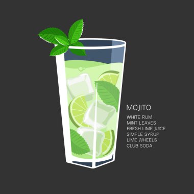 Mojito kokteyl tarifi buz naneli limon vektörü çizimi