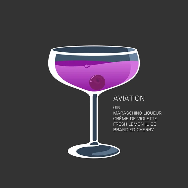 Cocktail Aviation Maraschino liqueur 레몬 체리 벡터 삽화 — 스톡 벡터