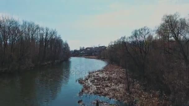 Fotografía aérea del río Con un hermoso bosque paisajístico y la naturaleza del río de Rusia — Vídeo de stock