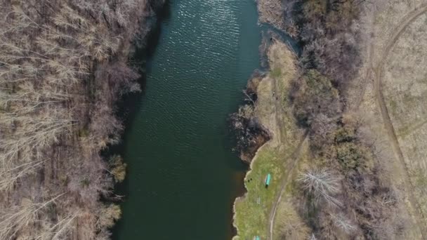 Fotografia aerea del fiume Con una bellissima foresta paesaggistica e la natura fluviale della Russia — Video Stock